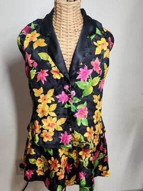 Victoria's Secret Black Satin Floral Pajama Set Yellow & Pink Flowers-VINTAGE
